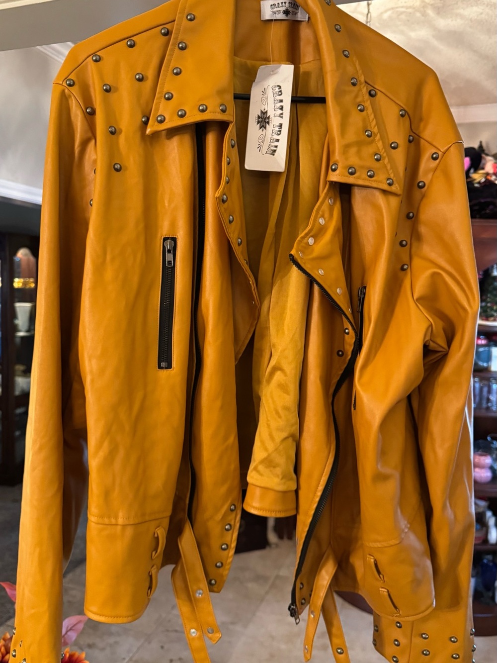 NWTs Crazy Train Mustard Color  Studded Faux Leather Moto/Biker Jacket 3X
